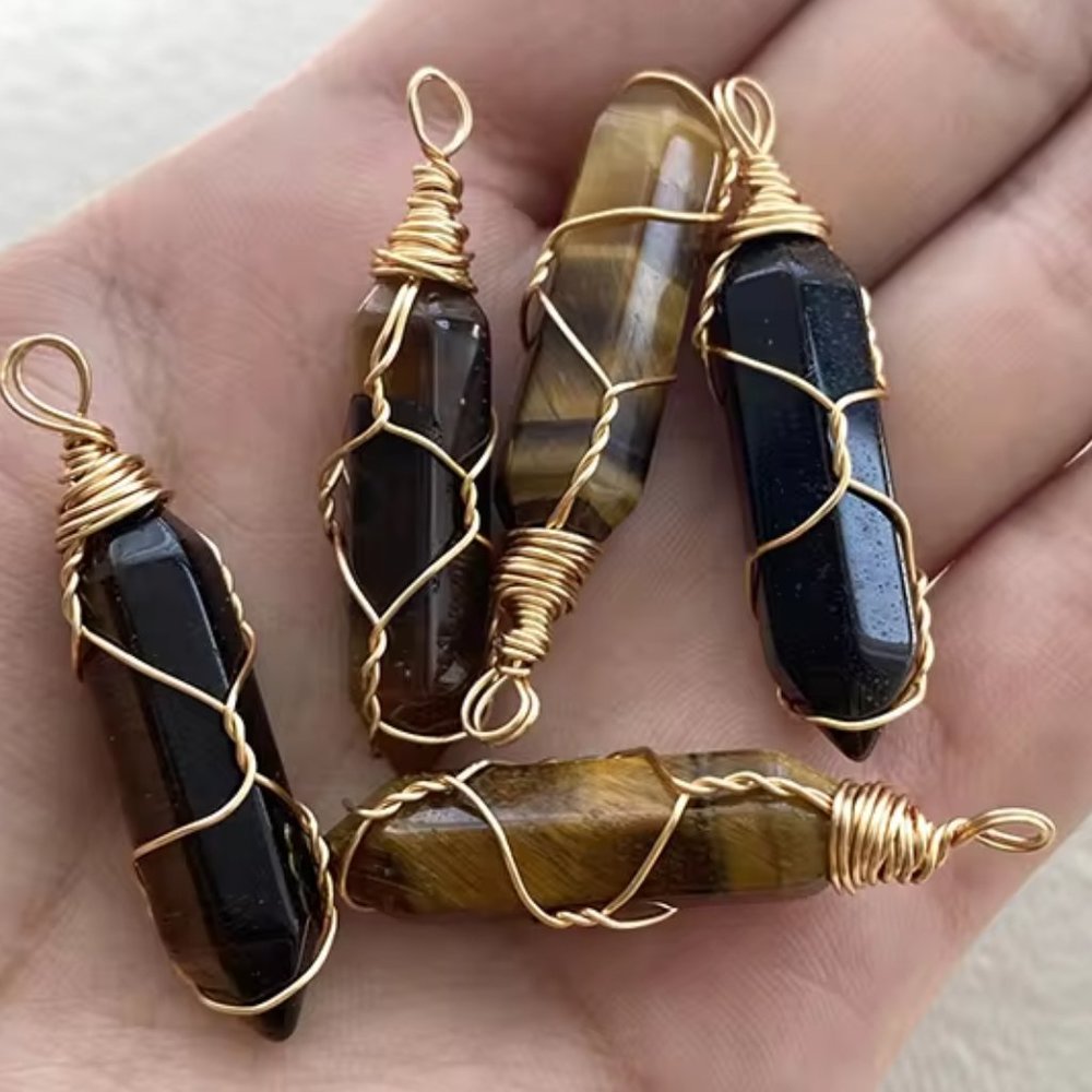 Tiger Eye  Natural Gemstone Hexagonal Point Gold Wire Wrapped Pendant Necklace - Picture 2 of 3